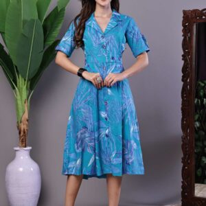 Women's Blue Floral Cotton Pleated Midi Dress with Collar