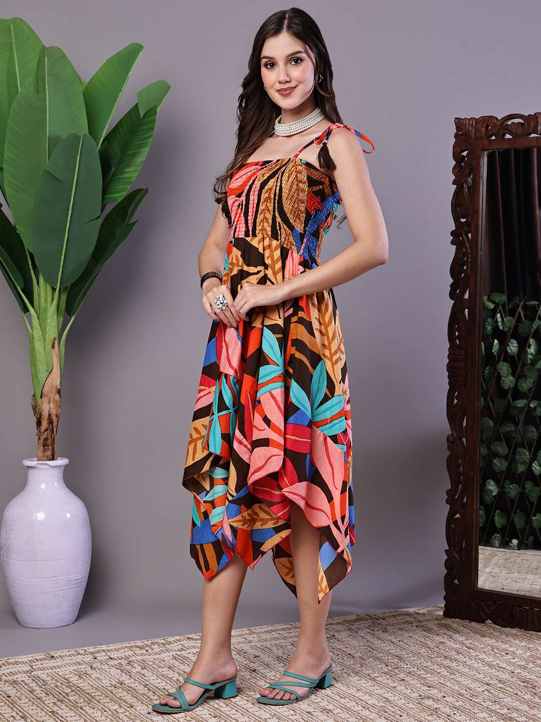 Women's MultiColor Abstract Print Cotton Handkerchief Hem Dress Midi Dresses - Image 3