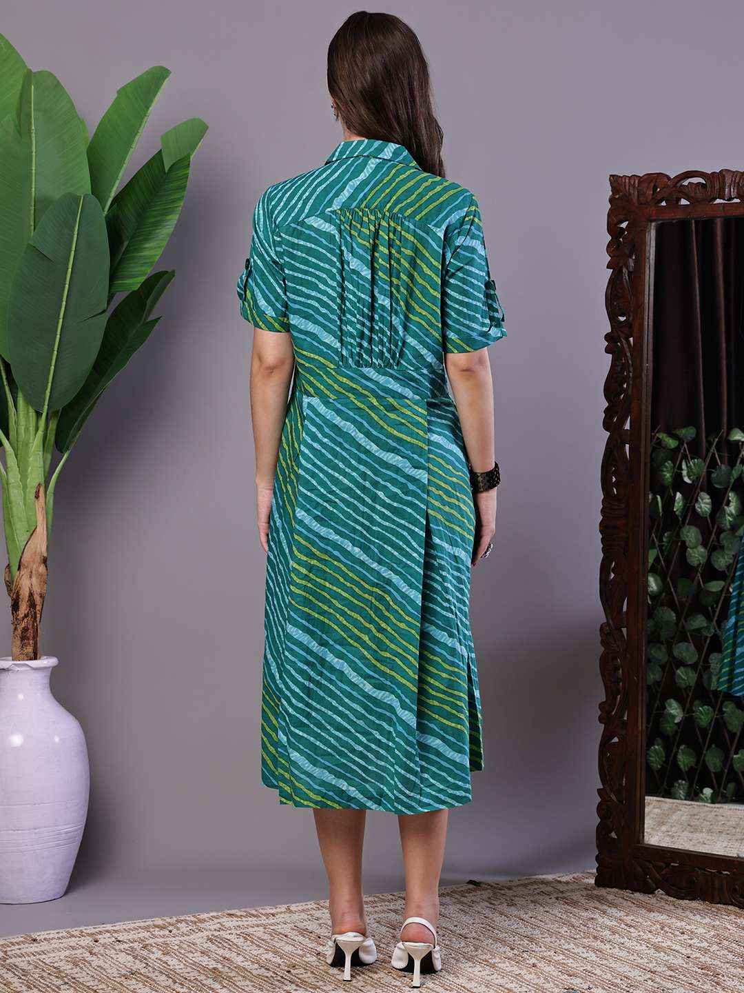 Women's eal Green Striped Cotton Midi Shirt Dress - Image 2