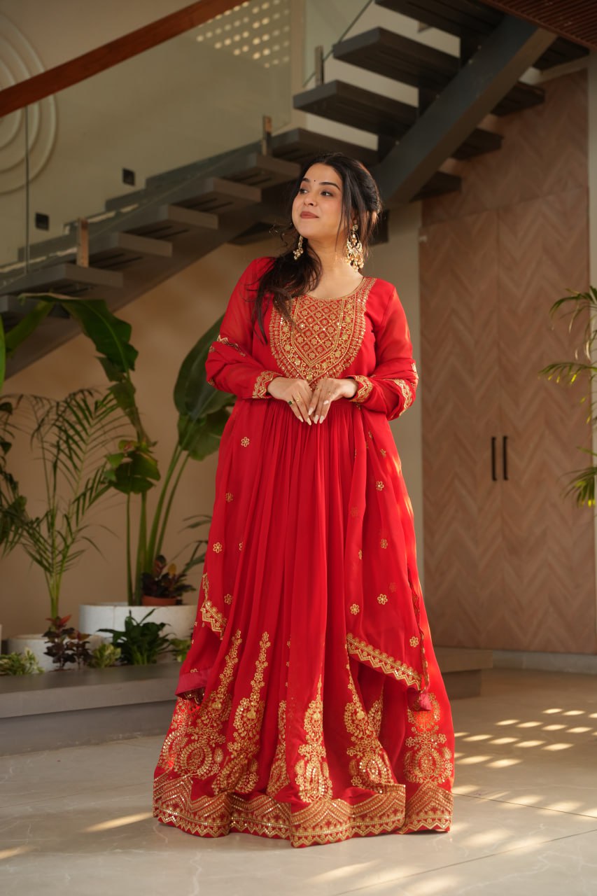 Women's Radiant Red Anarkali Suit Set with Golden Zari & Sequin Embroidery โ Perfect for Festive & Wedding Occasions - Image 6